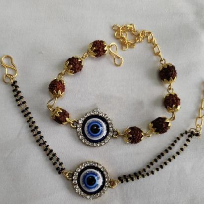 Picture of Couple Rakhi Set with Evil Eye & Rudraksha Design